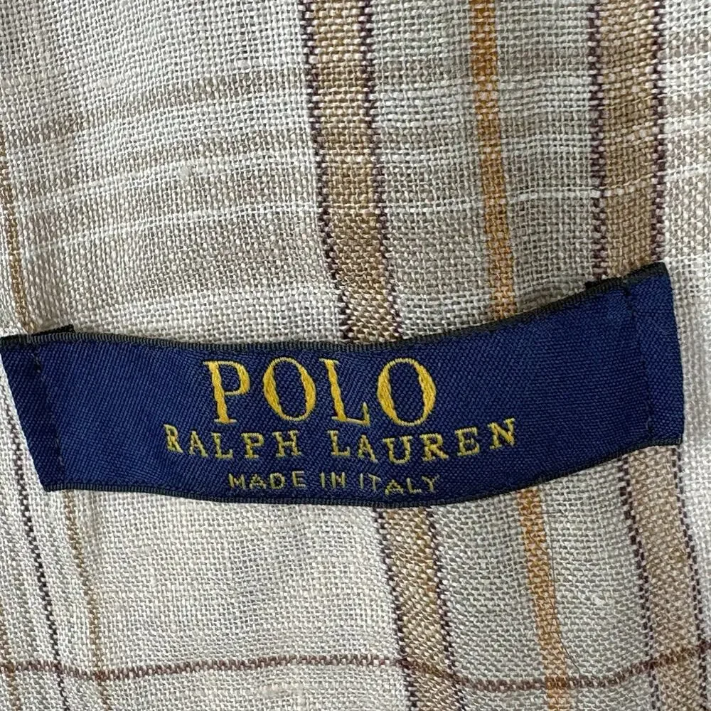 POLO Ralph Lauren Desert Sand Plaid Linen Scarf Italy 17X88” Tan Brown Green